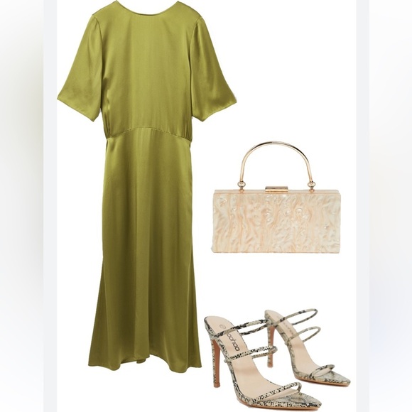 COS olive green 100% silk Deep V back Drape front short sleeves maxi dress Sz 12 - Picture 11 of 11